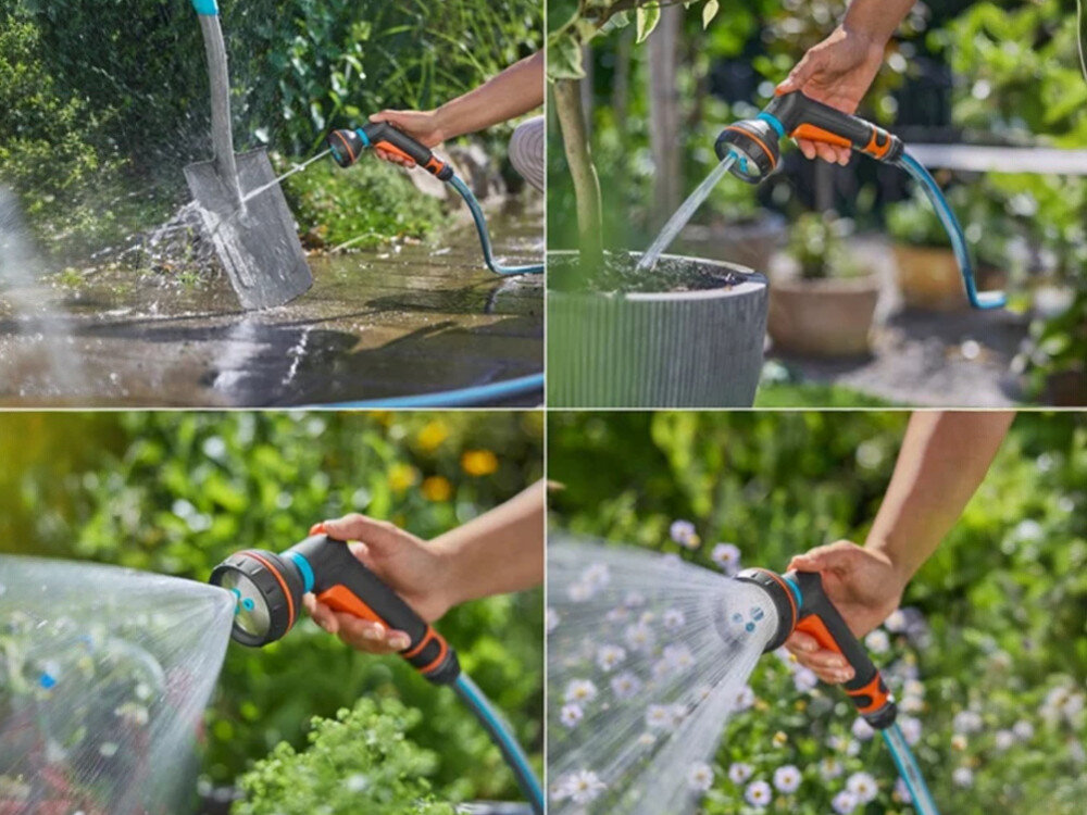 Pistolet zraszający GARDENA Classic 18372-20, cztery, rodzaj, punktowy, mżawka, 4 zdjęcia w 1 pokazujące 4 rodzaje strumieni pistoletu