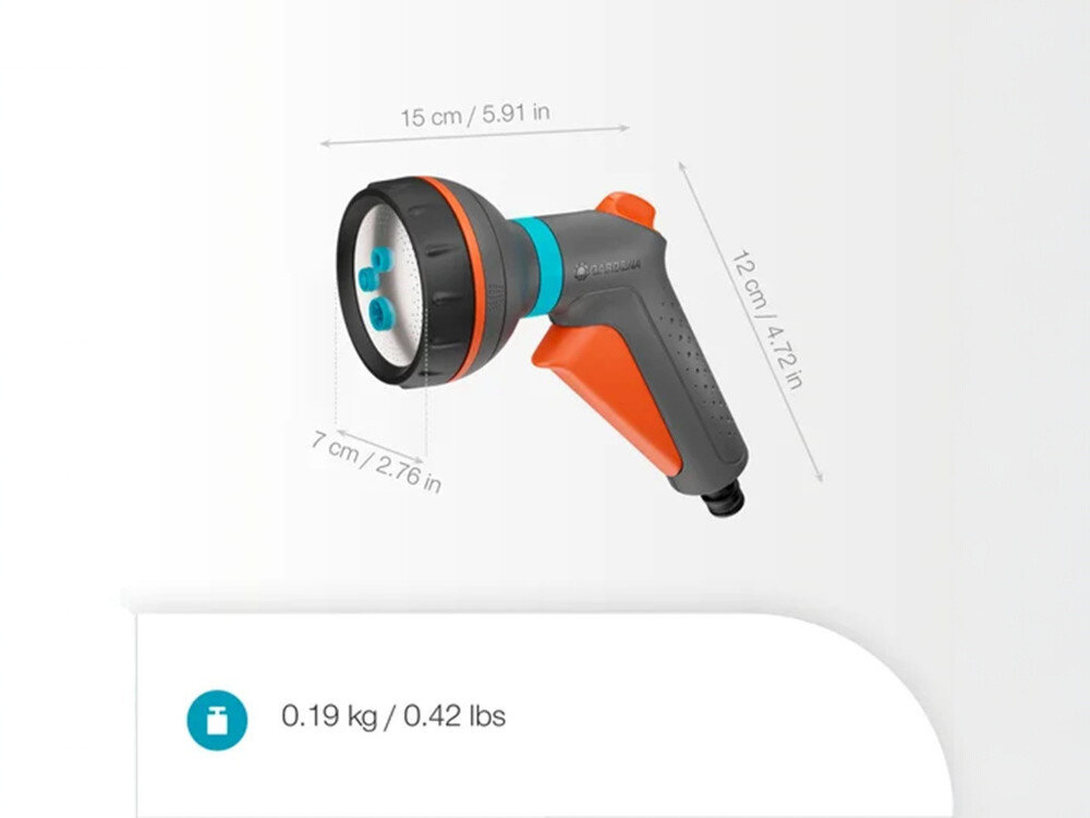 Pistolet zraszający GARDENA Classic 18372-20, punktowy, mżawka, uszkodzenie, regulacja, na szarym tle pistolet wraz z parametrami rozmiaru i wagi