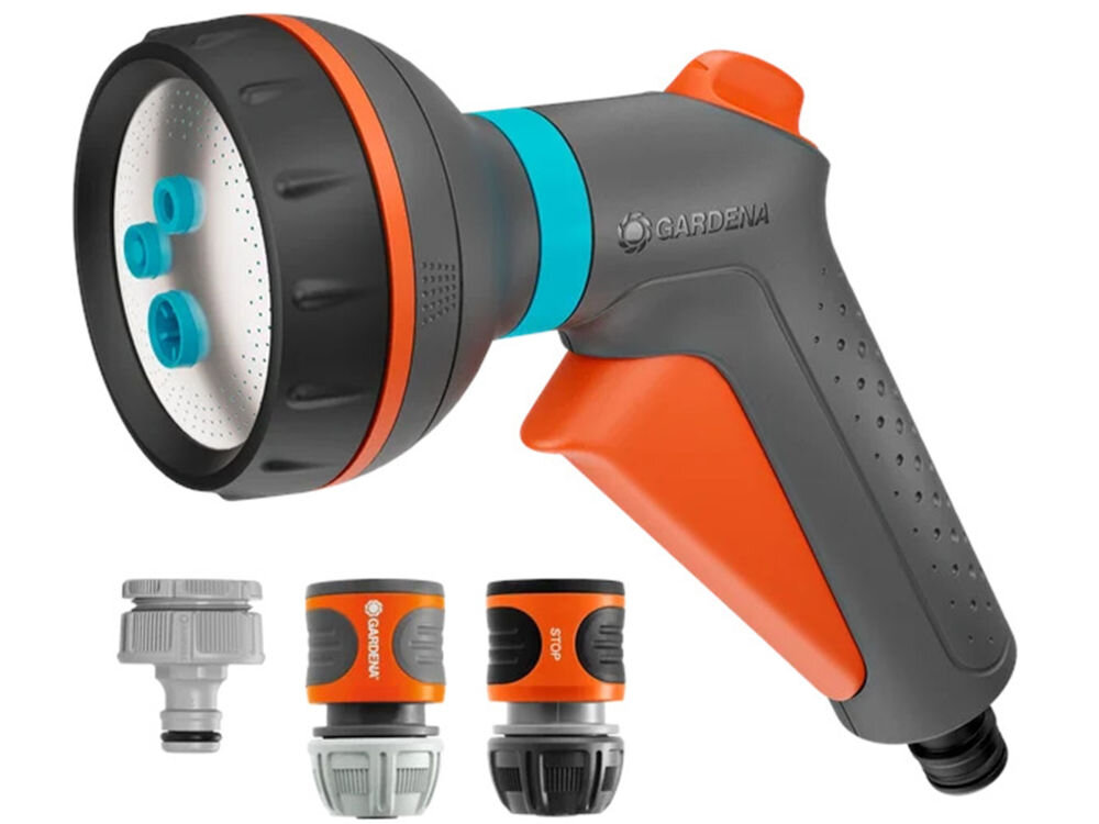Pistolet zraszający GARDENA Classic 18372-20, przyłącze, szybkozłącze, cale, układ, na białym tle zestaw złączek wraz z piostoletem