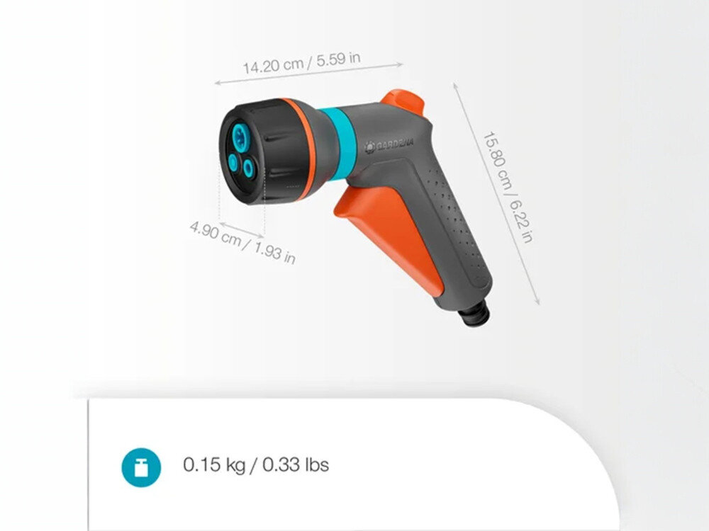 Pistolet zraszający GARDENA Classic 18376-20, mgiełka, tarasy, doniczki, meble, ogród, na szarym tle pistolet z podaniem wymiarów i wagi