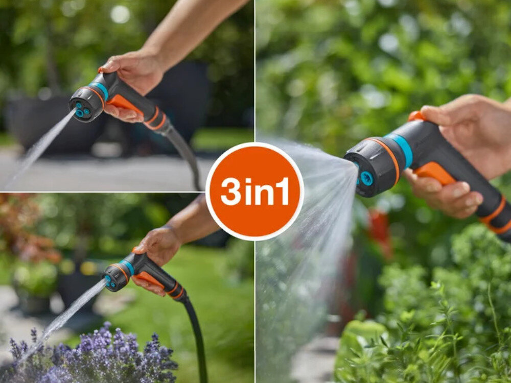 Pistolet zraszający GARDENA Classic 18376-20, mgiełka, odświeżanie, płatki, porządki, 3 zdjęcia w 1 przedstawiające 3 różne tryby strumienia