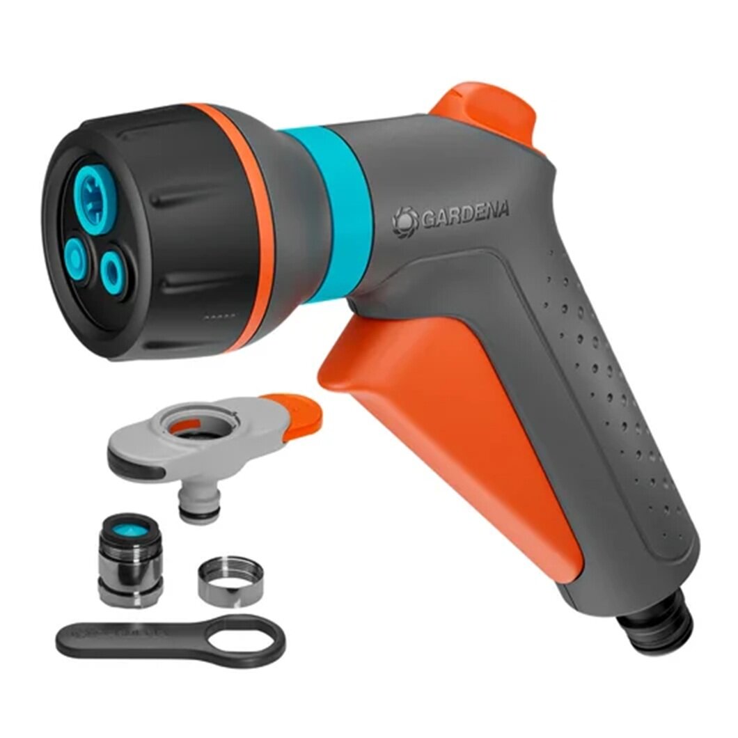 Pistolet zraszający GARDENA Classic 18376-20, gwint, zachlapania, zestaw, adapter, na białym tle pistolet wraz z zestawem adapterów