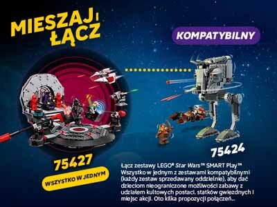 Obraz przedstawia dwa zestawy LEGO Star Wars z numerami 75427 i 75424, z napisem \'MIESZAJ, ŁĄCZ\' oraz \'KOMPATYBILNY\'. Widoczny jest tekst: \'Łącz zestawy LEGO Star Wars SMART Play™ Wszystko w jednym z zestawami kompatybilnymi (każdy zestaw sprzedawany oddzielnie), aby dać dzieciom nieograniczone możliwości zabawy z udziałem kultowych postaci, statków gwiezdnych i miejsc akcji. Oto kilka propozycji połączeń...\'