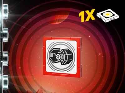 Obraz przedstawia czerwony kwadratowy element z czarno-białym symbolem myśliwca TIE na tle czerwonych okręgów. W prawym górnym rogu znajduje się napis \'1X\' oraz ikona przedstawiająca biały kwadrat z żółtym okręgiem w środku.