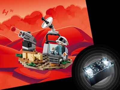 Na obrazie widoczny jest zestaw LEGO przedstawiający scenę z czerwonymi wzgórzami w tle, zbudowaną z klocków, z postacią w hełmie i anteną satelitarną. Obok znajduje się zbliżenie na czarny klocek LEGO z czterema świecącymi punktami.