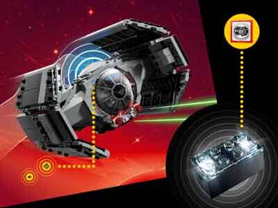 Obraz przedstawia model myśliwca TIE z serii LEGO Star Wars na tle kosmosu z czerwonymi i czarnymi elementami. Obok widoczny jest element LEGO z podświetleniem oraz mała ikona z grafiką myśliwca.