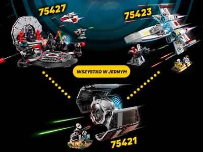 Obraz przedstawia trzy zestawy LEGO Star Wars z numerami 75427, 75423 i 75421, połączone napisem \'WSZYSTKO W JEDNYM\'. Każdy zestaw zawiera figurki i elementy konstrukcyjne związane z uniwersum Star Wars.