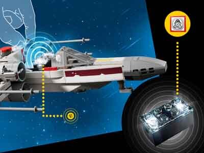 Model statku kosmicznego z serii LEGO Star Wars na tle gwiaździstego nieba, z widocznymi efektami świetlnymi i ikoną przedstawiającą postać w hełmie. Obok znajduje się element LEGO z podświetleniem.