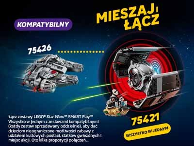 Obraz przedstawia dwa zestawy LEGO Star Wars z numerami 75426 i 75421, z napisem \'MIESZAJ, ŁĄCZ\'. Widoczny jest tekst: \'Łącz zestawy LEGO Star Wars SMART Play™. Wszystko w jednym z zestawami kompatybilnymi (każdy zestaw sprzedawany oddzielnie), aby dać dzieciom nieograniczone możliwości zabawy z udziałem kultowych postaci, statków gwiezdnych i miejsc akcji. Oto kilka propozycji połączeń...\'.