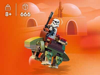 Na pomarańczowym tle znajduje się figurka LEGO przedstawiająca postać w białym hełmie na zielono-brązowym stworzeniu. W lewym górnym rogu widnieje symbol klocka z liczbą 666 oraz symbol prezentu z oznaczeniem 8+.