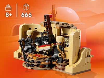 Zestaw LEGO przedstawiający scenę z kantyny Mos Eisley z serii Star Wars, zawierający dwie figurki postaci z instrumentami muzycznymi. W tle widoczne są symbole: wiek 8+ i liczba elementów 666.