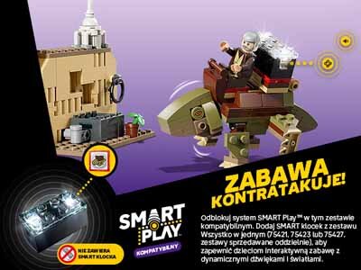 Na obrazie znajduje się zestaw LEGO przedstawiający scenę z kantyny Mos Eisley z serii Star Wars. Widoczny jest napis: \'ZABAWA KONTRATAKUJE!\' oraz logo SMART PLAY z informacją o kompatybilności zestawu.