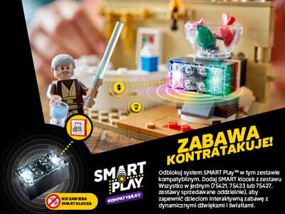 Na obrazie widoczny jest zestaw LEGO z figurką postaci oraz elementami kantyny. Tekst na obrazie: \'ZABAWA KONTRATAKUJE! Odklojuj system SMART Play w tym zestawie kompatybilnym. Dodaj SMART klocek z zestawu Wszystko w jednym 07.5241, 75423 lub 75427, zestawy sprzedawane oddzielnie, aby zapewnić dzieciom interaktywną zabawę z dynamicznymi dźwiękami i światłami.\'