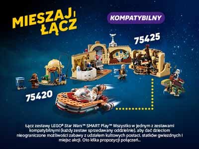 Na obrazie widoczny jest zestaw LEGO z serii Star Wars, przedstawiający scenę z sali tronowej oraz statek A-Wing. Na górze znajduje się tekst \'MIESZAJ, ŁĄCZ\' oraz \'KOMPATYBILNY\', a poniżej numeracja zestawów 75420 i 75425.