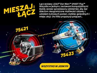 Grafika przedstawia dwa zestawy LEGO Star Wars z numerami 75421 i 75423 na tle kosmosu. Widoczny jest tekst: \'MIESZAJ ŁĄCZ\', \'Łącz zestawy LEGO Star Wars SMART Play™\', \'WSZYSTKO W JEDNYM\'.