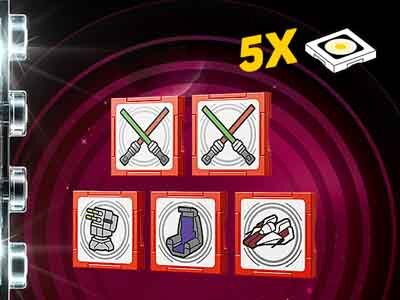 Obraz przedstawia pięć kwadratowych płytek z różnymi symbolami, w tym miecze świetlne, rękawicę, but i statek kosmiczny, na tle fioletowych okręgów. W prawym górnym rogu widnieje napis \'5X\' oraz symbol białej płytki z żółtym środkiem.