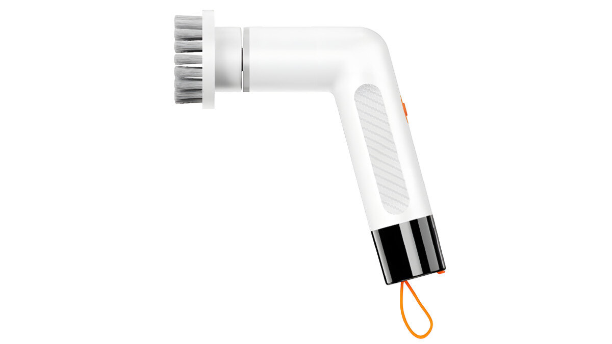 Szczotka akumulatorowa EXTRALINK Powerlink EX.95382, Szczotka, rotacja, czyszczenie, brud, Biała mini szczotka elektryczna do sprzątania na białym tle.