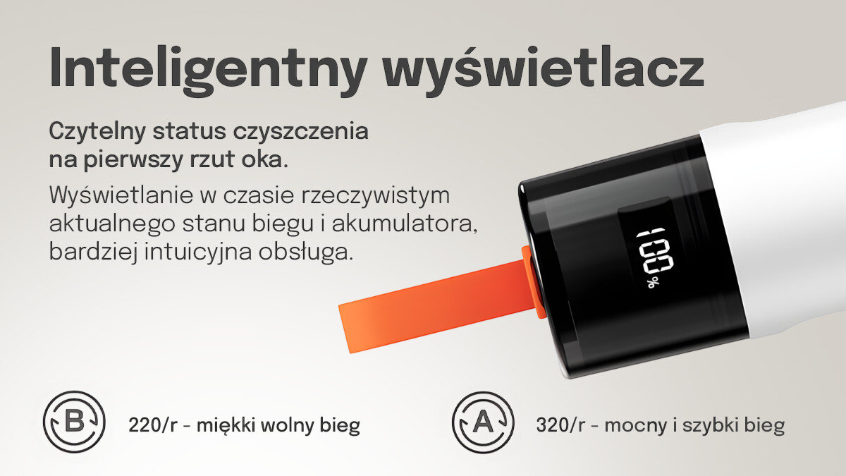 Szczotka akumulatorowa EXTRALINK Powerlink EX.95382, Ekran, bateria, prędkość, tryby, Ekran LED szczotki wskazujący poziom naładowania baterii i tryb pracy.