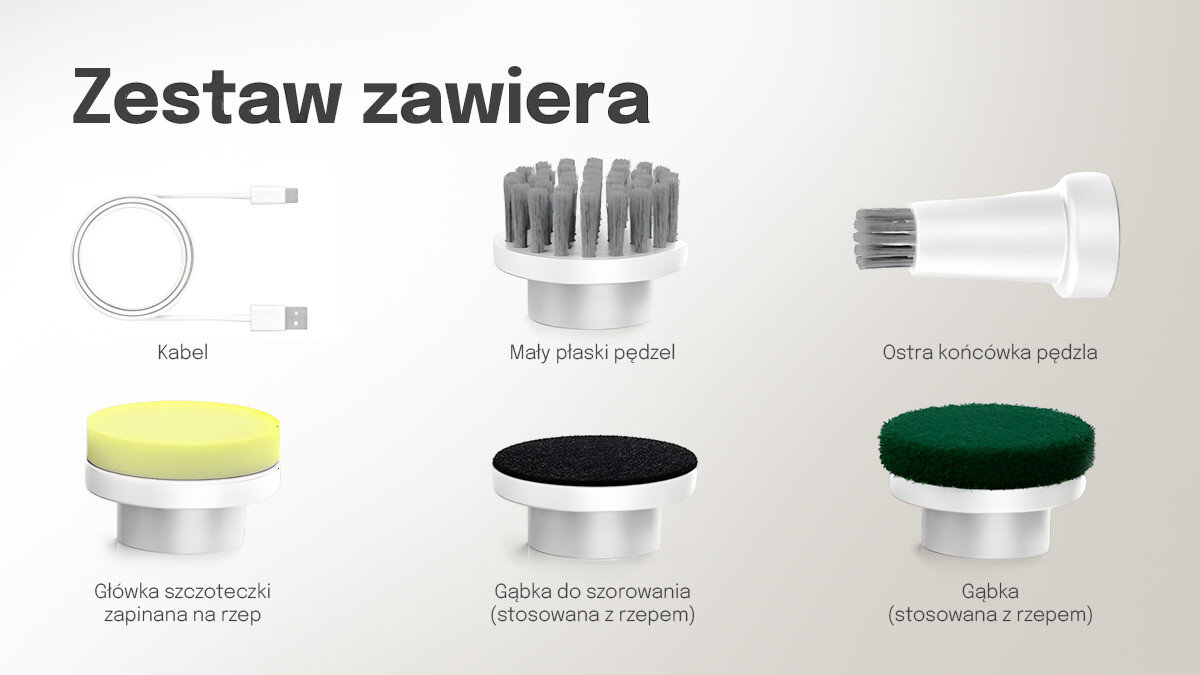 Szczotka akumulatorowa EXTRALINK Powerlink EX.95382, Zestaw, końcówki, kabel, instrukcja, Zestaw akcesoriów: kabel oraz 5 różnych końcówek do szorowania.