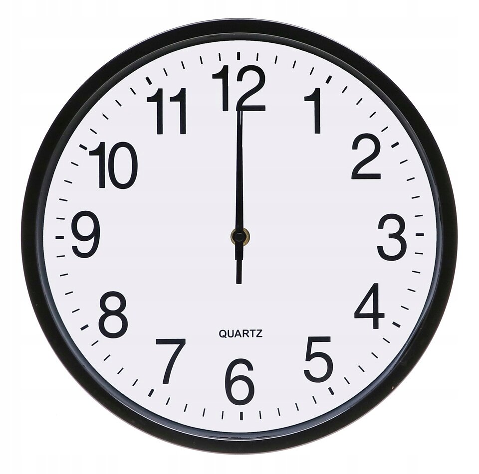Zegar ścienny z czarną ramką i białą tarczą, na której znajdują się duże czarne cyfry od 1 do 12. Na tarczy widoczny jest napis \'QUARTZ\'.