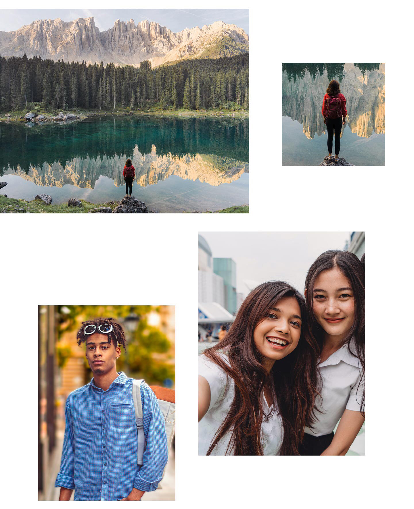 U góry po lewej: krajobraz gór i lasów w tle oraz jezioro na pierwszym planie. Na samym przodzie znajduje się kobieta zwrócona do tyłu i stojąca na szczycie skały. U góry po prawej: zbliżenie kobiety. W środku po lewej: Portret mężczyzny ubranego w niebieską koszulę i biały plecak z rozmytym tłem, aby rysy mężczyzny były wyraźne i ostre. W środku po prawej: selfie dwóch uśmiechniętych dziewcząt.