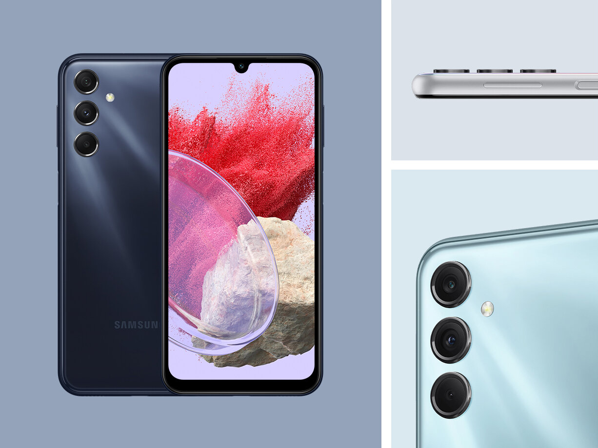 Po lewej stronie widać obok siebie dwa M34 5G w kolorze ciemnoniebieskim, pokazujące tył i przód. W prawym górnym rogu znajduje się zbliżenie widoku bocznego M34 5G w kolorze srebrnym, ukazujące jego smukłą konstrukcję oraz lekko wystające aparaty z wieloma obiektywami. W prawym dolnym rogu znajduje się zbliżenie ramki aparatu M34 5G w kolorze niebieskim.