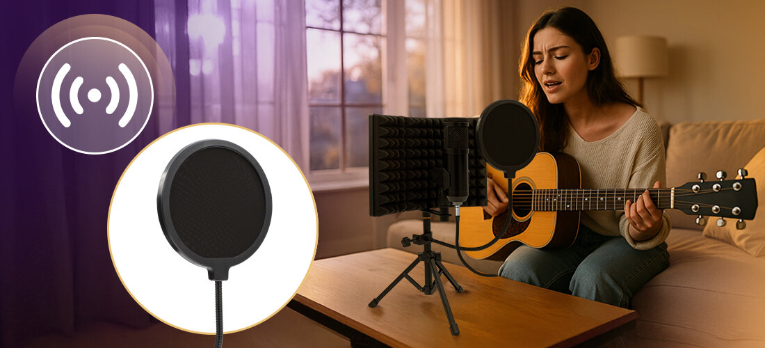 Mikrofon MUSICMATE MM-400 StudioMaster kompletny zestaw do nagrań, osoba grająca na gitarze oraz śpiewająca do mikrofonu stojącego na stole