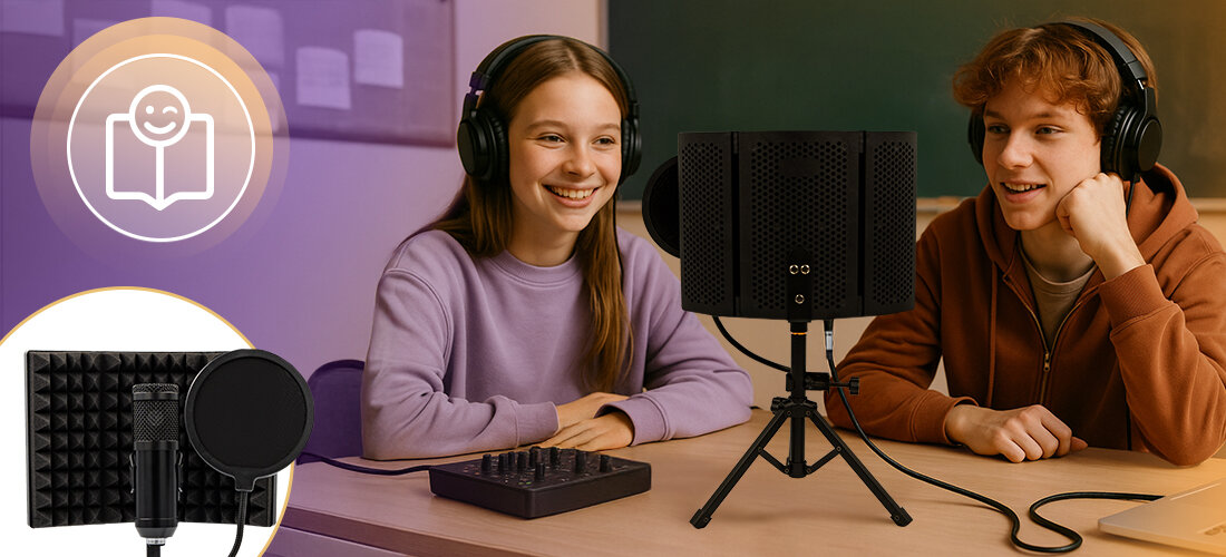 Mikrofon MUSICMATE MM-400 StudioMaster izolacja akustyczna i filtr POP, osoby siedzące przy biurku z założonymi słuchawkami nausznymi, mikrofon umocowany na statywie stojący na biurku