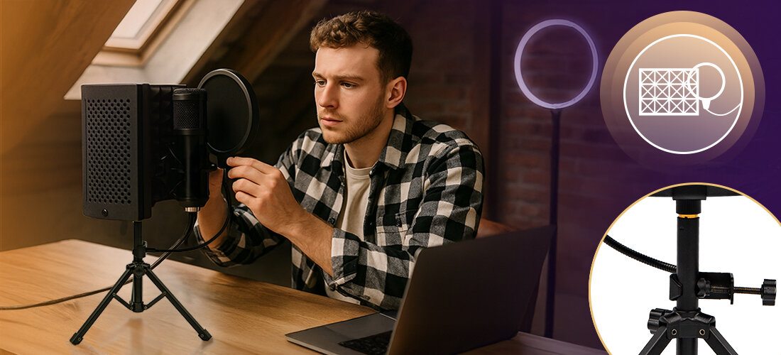 Mikrofon MUSICMATE MM-400 StudioMaster stabilny statyw i wygoda pracy, osoba siedząca przy biurku, stastyw z mikrofonem stojący na biurku obok laptopa