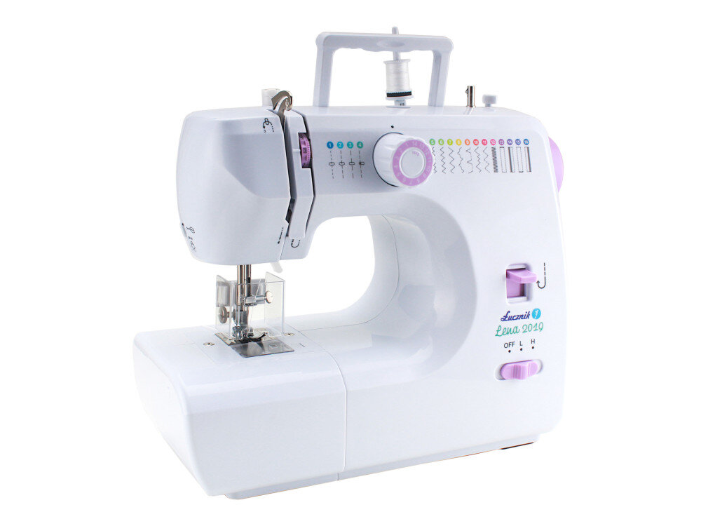 Maszyna do szycia ŁUCZNIK Lena 2019 + osłonka na palce kompaktowe wymiary, automatyczne przewlekanie nici, oszczędność czasu, wbudowany obcinacz nici