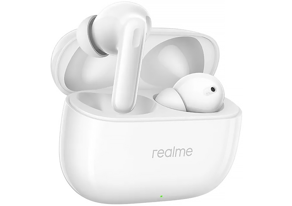 Słuchawki dokanałowe REALME Buds T310 ANC - Szybkie ładowanie USB-C, etui z słuchawkami na białym tle
