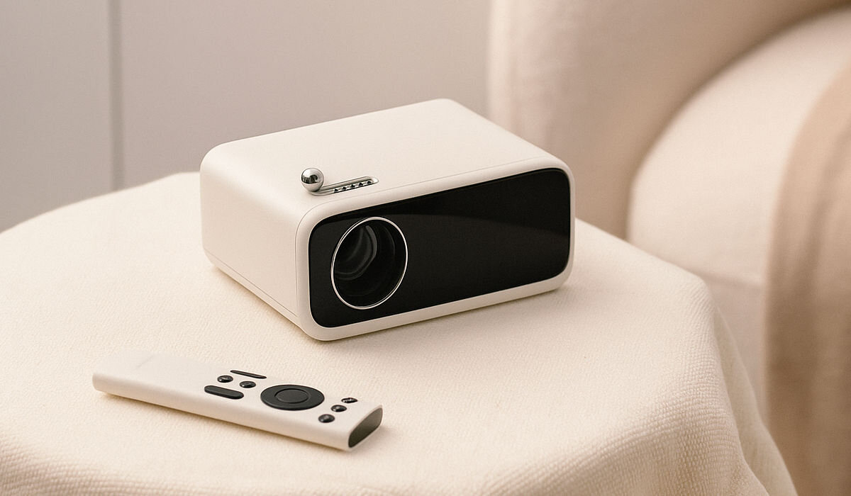 Projektor WANBO Mini Pro WPE01 obraz 40 100 cali mobilny do prezentacji i filmów, projektor sotjący na stoliku z pilotem