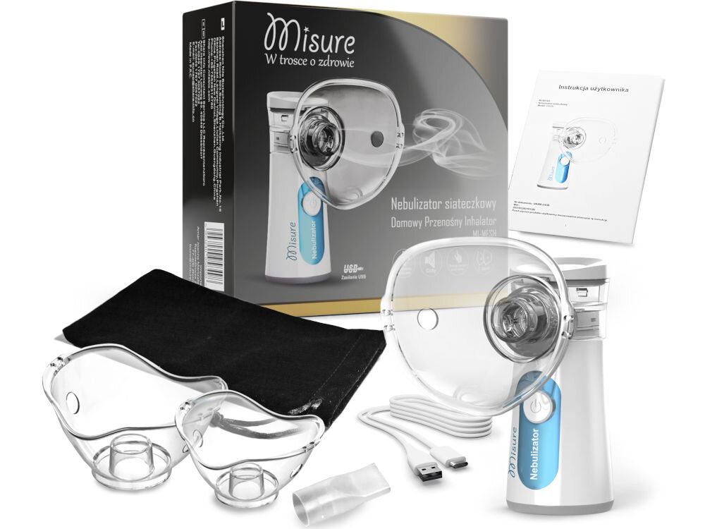 Inhalator nebulizator siateczkowy MISURE Mi-Mesh maska dla dorosłych maska dla dzieci ustnik przewód etui 
