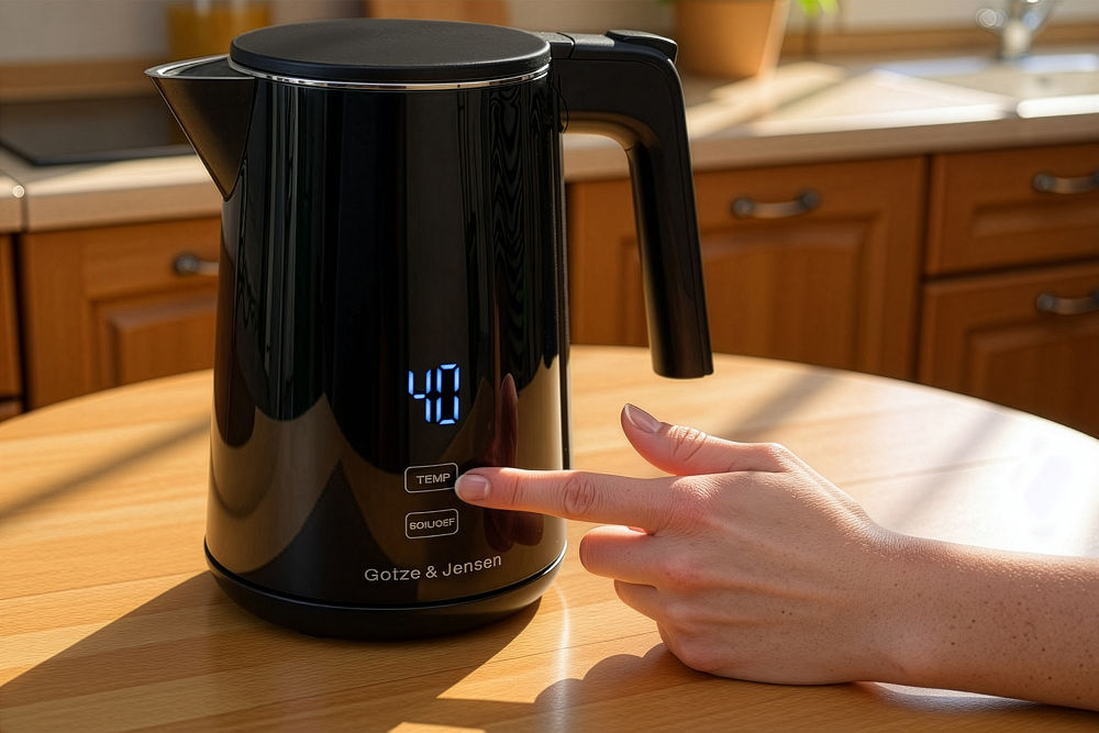 Czajnik GÖTZE & JENSEN KT730K elegancki design nowoczesny wygląd kompaktowy czarny Czarny czajnik elektryczny Goetze & Jensen z cyfrowym wyświetlaczem LED pokazującym temperaturę 40 stopni Celsjusza. Na obudowie widoczne są dwa przyciski: TEMP i BOIL/OFF. Dłoń użytkownika naciska przycisk TEMP. Czajnik stoi na drewnianym stole w kuchni.