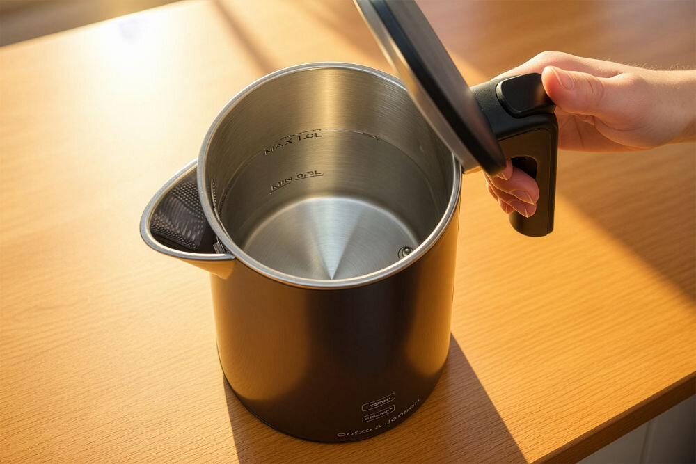 Czajnik GÖTZE & JENSEN KT730K stal nierdzewna SS304 wewnętrzna miarka wody higieniczne wnętrze Widok wnętrza czajnika Goetze & Jensen z otwartą pokrywką. Wnętrze jest wykonane ze stali nierdzewnej, z zaznaczonymi poziomami napełnienia MIN 0.5L i MAX 1.0L. Użytkownik podtrzymuje otwartą pokrywkę.