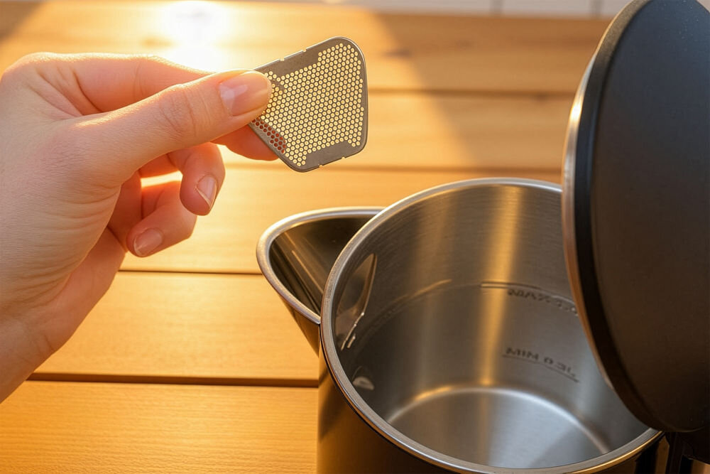 Czajnik GÖTZE & JENSEN KT730K obrotowa baza 360 stopni przycisk otwierania wieczka wygoda obsługi Dłoń użytkownika trzyma mały, metalowy, siatkowy filtr, prawdopodobnie filtr antywapienny, wyjęty z czajnika Goetze & Jensen. W tle widoczny jest wlew czajnika i jego stalowe wnętrze.