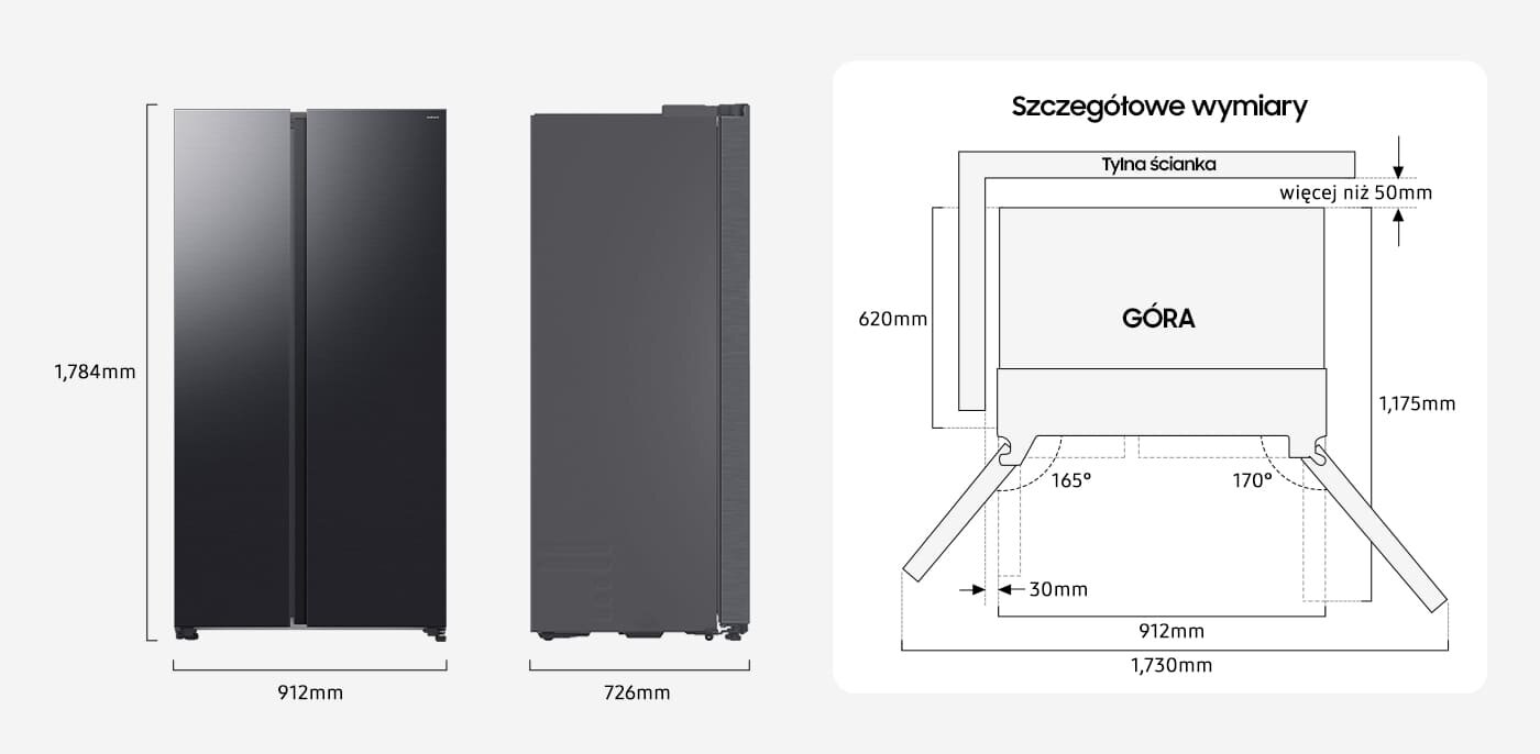 wymiary lodówki side by side rs70f65qefeo 