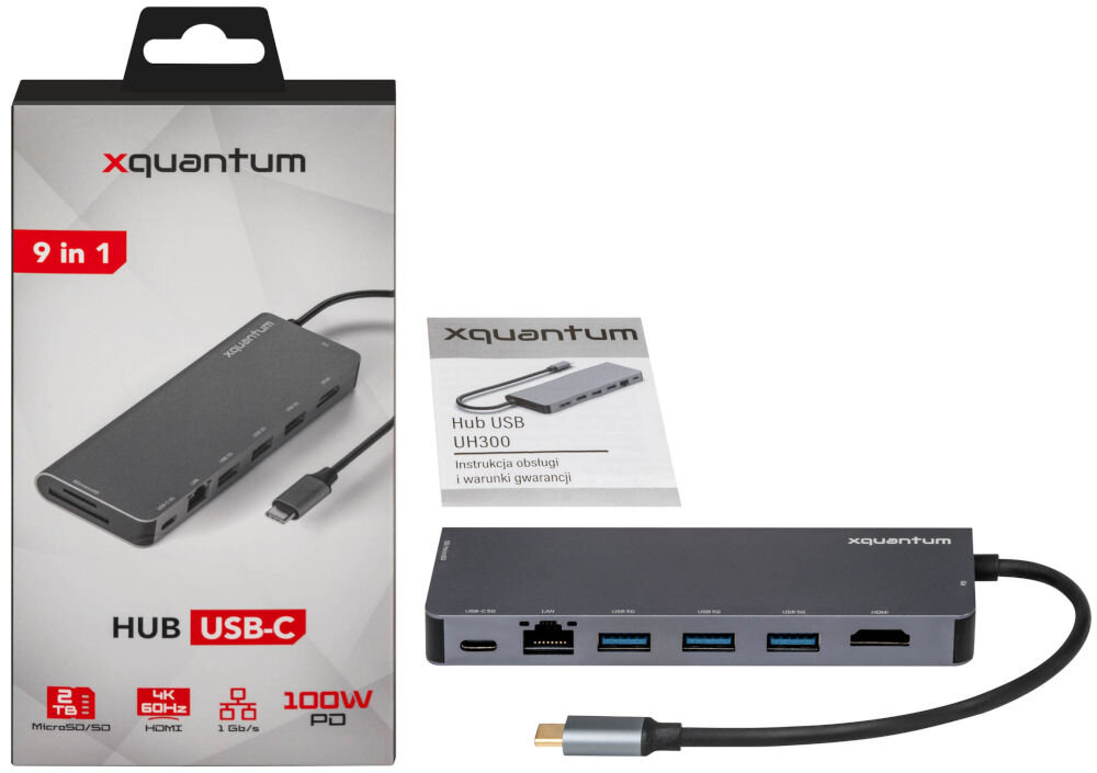 Hub USB XQUANTUM UH300 9w1 opakowanie instrukcja