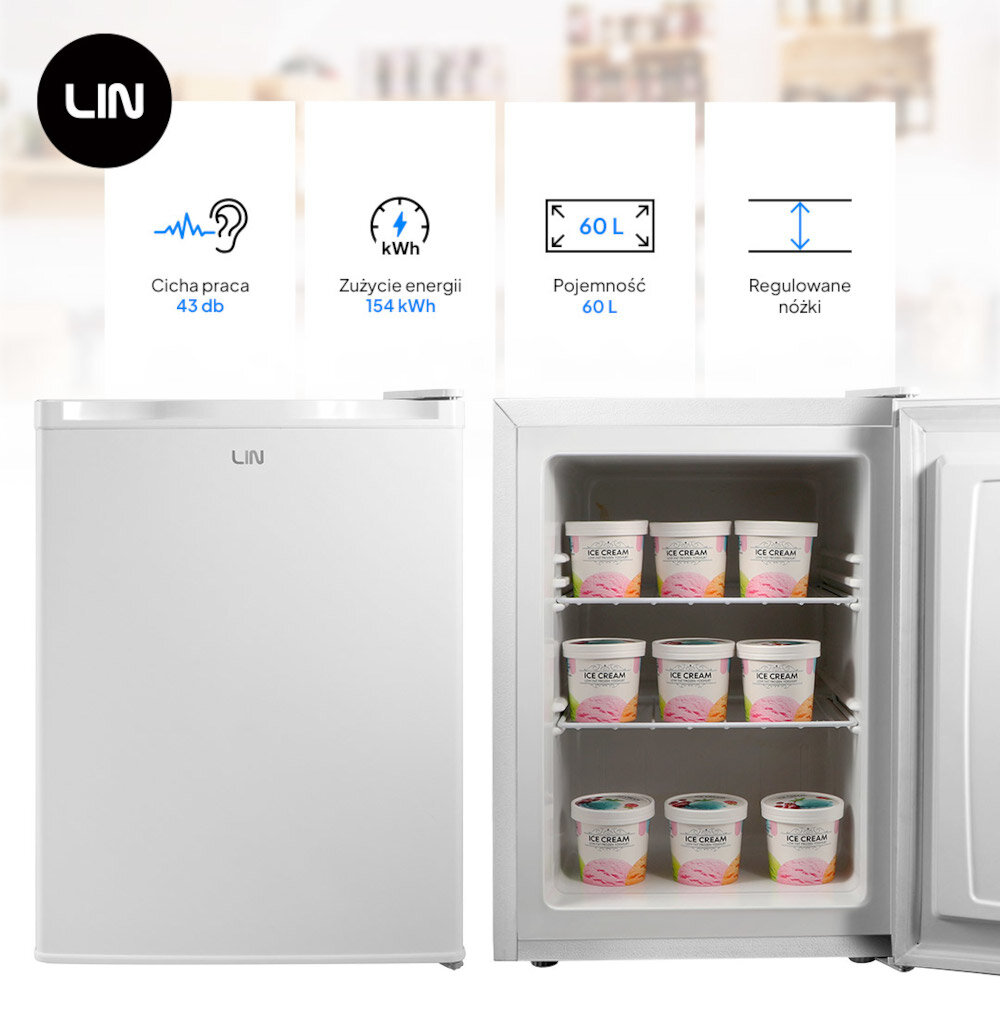 ZAMRAŻARKA LIN LI-BD-60 otwarta wnętrze produkty cechy ikony regulowane nóżki łatwe ustawienie urządzenia ręczne odmrażanie łatwe szybkie czyszczenie cicha praca