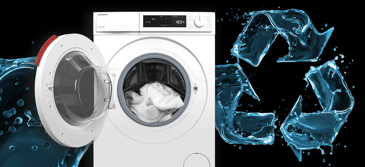 PRALKA SHARP ES-NFA612DWB-PL Na zdjęciu znajduje się biała pralka z otwartymi drzwiczkami, wewnątrz której widoczne są jasne ubrania. Tło jest czarne, po prawej stronie umieszczony został duży, wodny symbol recyklingu zrobiony z błękitnych rozprysków wody. W całości obraz podkreśla ekologiczny aspekt prania Eco Logic wykrywanie załadunku regulacja wody regulacja energii czas cyklu bęben pół załadunku oszczędność prądu skuteczność prania praktyczne rozwiązanie mniejsze ilości ubrań inteligentne zarządzanie energia środowisko oszczędność kosztów
