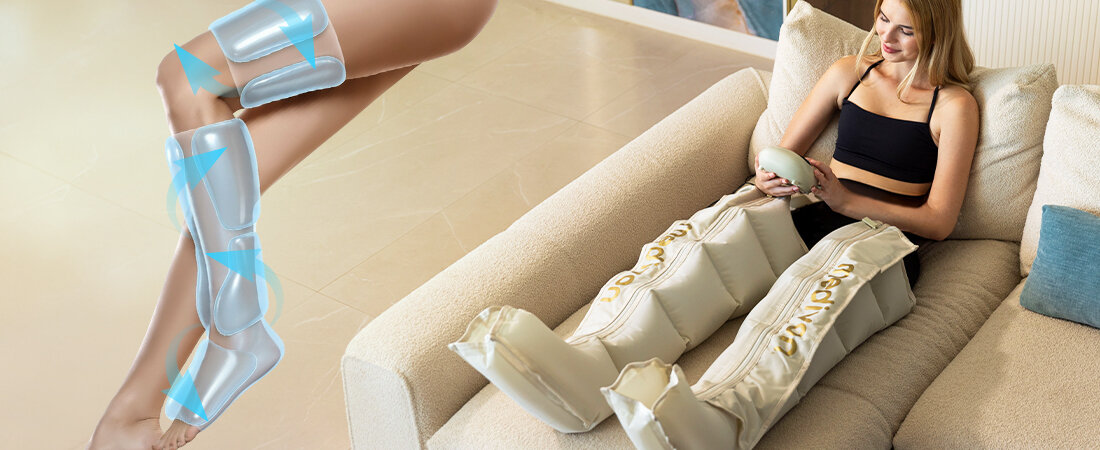 Masażer Limfatyczny do nóg MEDIVON Lumina Komfort po całym dniu zdjęcie lifestyle osoba leży na sofie i użytkuje masażer