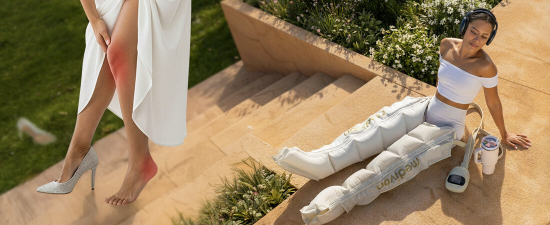Masażer Limfatyczny do nóg MEDIVON Lumina Dbałość o bezpieczeństwo  w automatyczne wyłączanie po zakończeniu sesji  bateria litowo-jonowa  zdjęcie lifestyle prezentacja urządzenia osoba na zdjęciu użytkowuje masażer