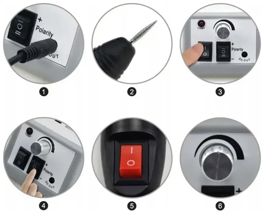 Obraz przedstawia sześć zbliżeń elementów frezarki do paznokci, w tym wtyczkę z napisem \'Polarity\', końcówkę frezarki, przyciski z oznaczeniami oraz pokrętło regulacyjne. Widoczne są także symbole \'+\' i \'-\' oraz czerwony przycisk z oznaczeniem \'I\' i \'O\'.