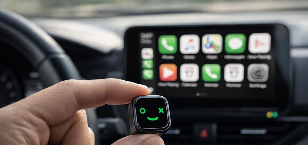 XENSO M12 adapter bezprzewodowy CarPlay Android Auto automatyczne łączenie z telefonem, adapter trzymany w ręku na tle ekranu multimedialnego