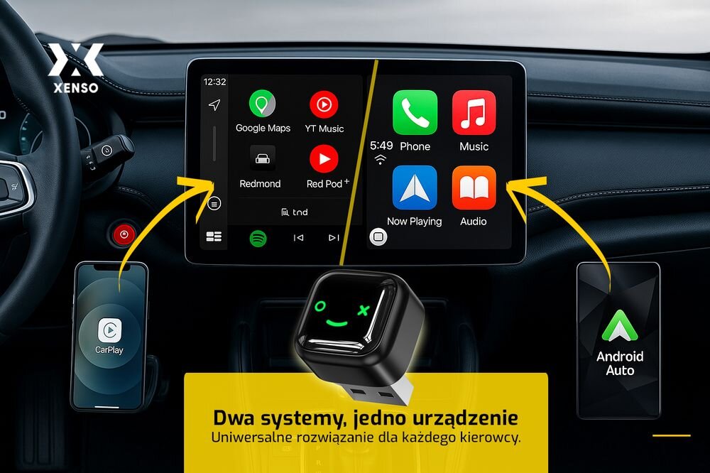 XENSO M12 interfejs telefonu na ekranie samochodu CarPlay Android Auto, adapter po skosie na tle wnętrza auta