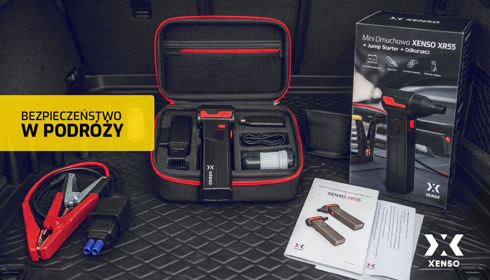 Urządzenie rozruchowe XENSO XR55 bezpieczna obsługa czytelna sygnalizacja wsparcie w trasie, urządzenie rozruchowe w walizce położone w bagażniku