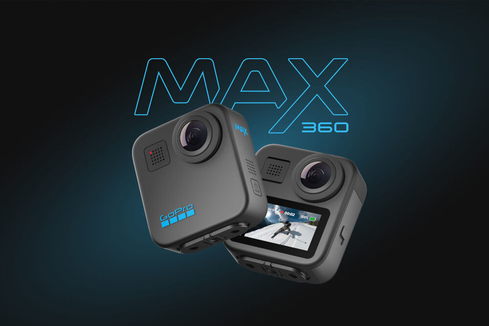 Kamera sportowa GOPRO MAX 360, 5.6K 30 FPS, Wi-Fi, Bluetooth na ciemnym tle kamera z przodu i tyłu napis max 360