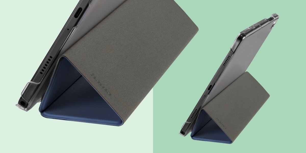 Etui w kolorze granatowym z funkcją stojaka, widoczne na tablecie. Na etui znajduje się napis \'HAMA\'.