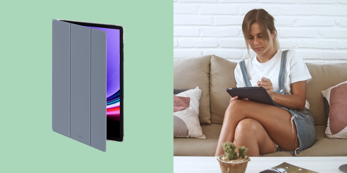 Etui do Samsung Galaxy Tab A11+/A9+ 11 HAMA Fold Clear Lekko uchylone szare etui z widocznym ekranem tabletu oraz zdjęcie lifestylowe kobiety używającej tabletu z rysikiem na kanapie.