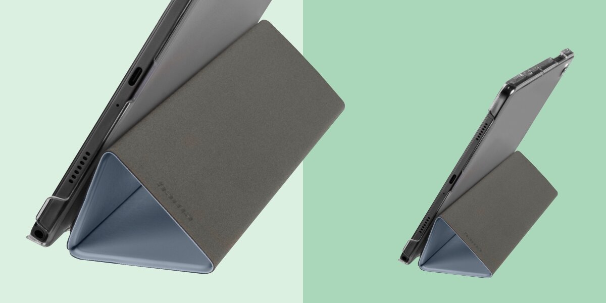 Etui do Samsung Galaxy Tab A11+/A9+ 11 HAMA Fold Clear Funkcja podstawki w etui Hama – zbliżenie na klapkę złożoną w trójkąt, która stabilnie podtrzymuje tablet w pozycji do oglądania.